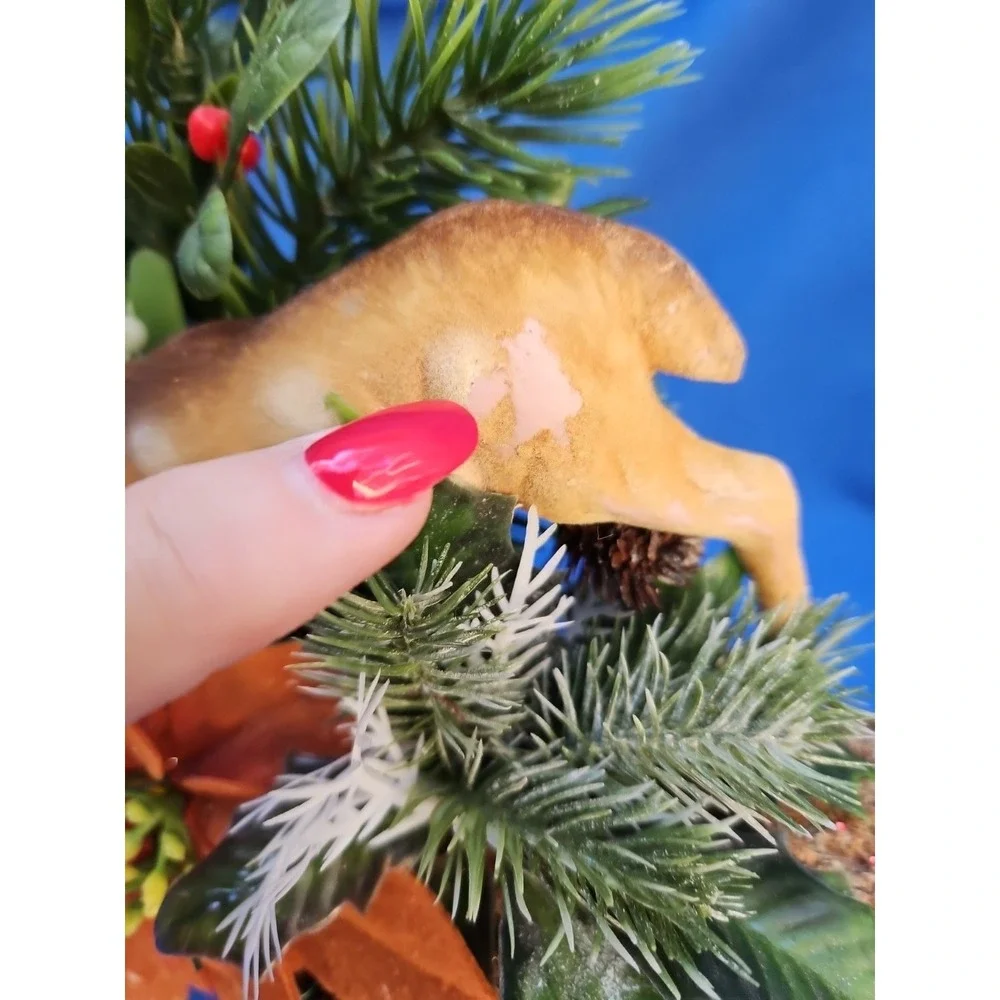Christmas Reindeer Yule Tide Log Centerpiece Flocked Plastic Poinsettia 10